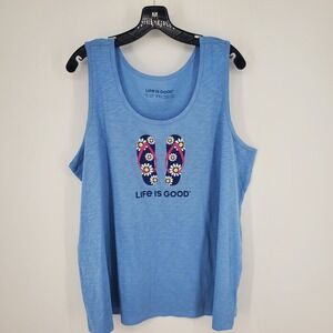 Life Is Good Tank Top Women's XXL Blue Flip Flop Sandals Daisy Size XXL 2XL